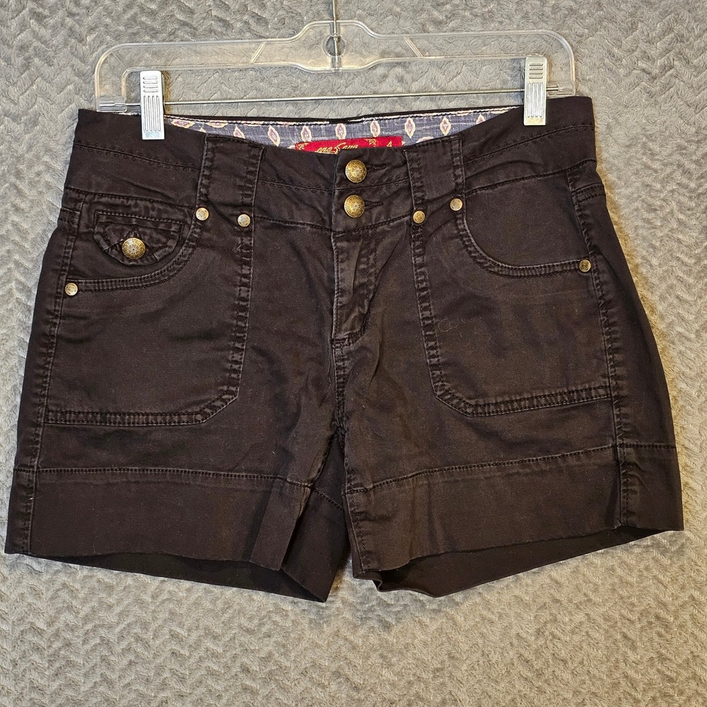 Y2K Boho Utility Cargo Shorts‎ Dark Brown Size 4 Brass Buttons Indie Festival